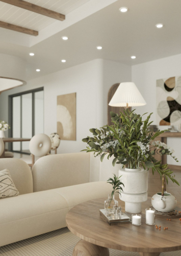 Mẫu thiết kế phòng khách kết hợp không gian bếp "Cúc Tịnh Mộc Trà" phong cách Wabi-Sabi